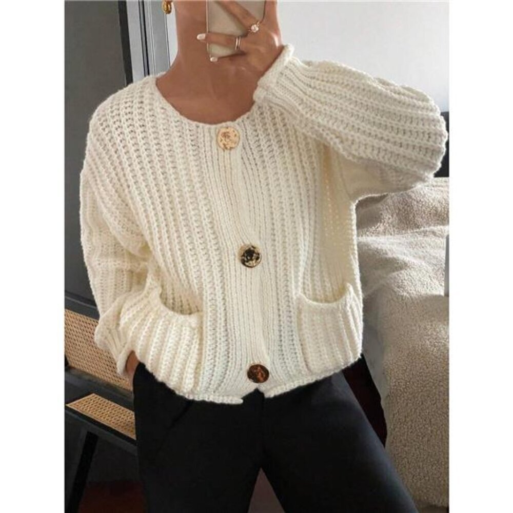 Button-Front Knit Cardigan with Pockets - Picture 2 of 8